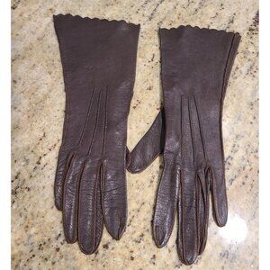 Vintage Size XS 5 3/4 Brown Soft Leather Formal 10" Long Gloves Scallop Edge